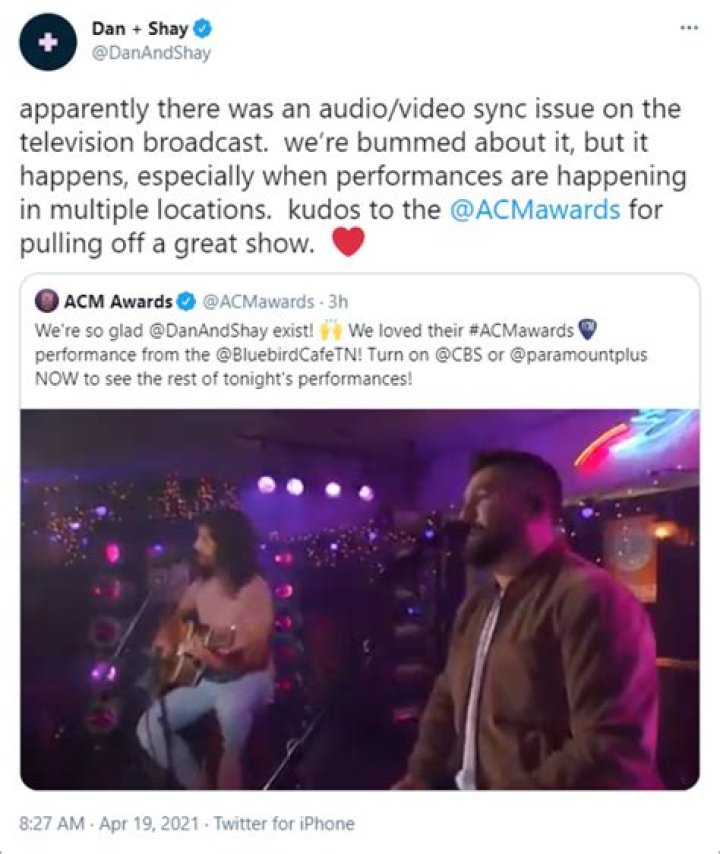 Dan + Shay Fans Furious After ACM Awards Audio Is Mismatched During Their Performance