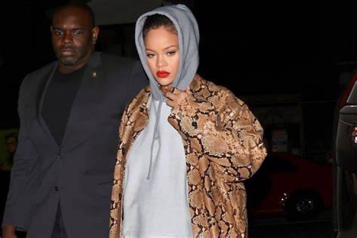 Pregnant Rihanna Rocks White Hoodie As Mini Dress & Snakeskin Jacket Out For Dinner: Photos